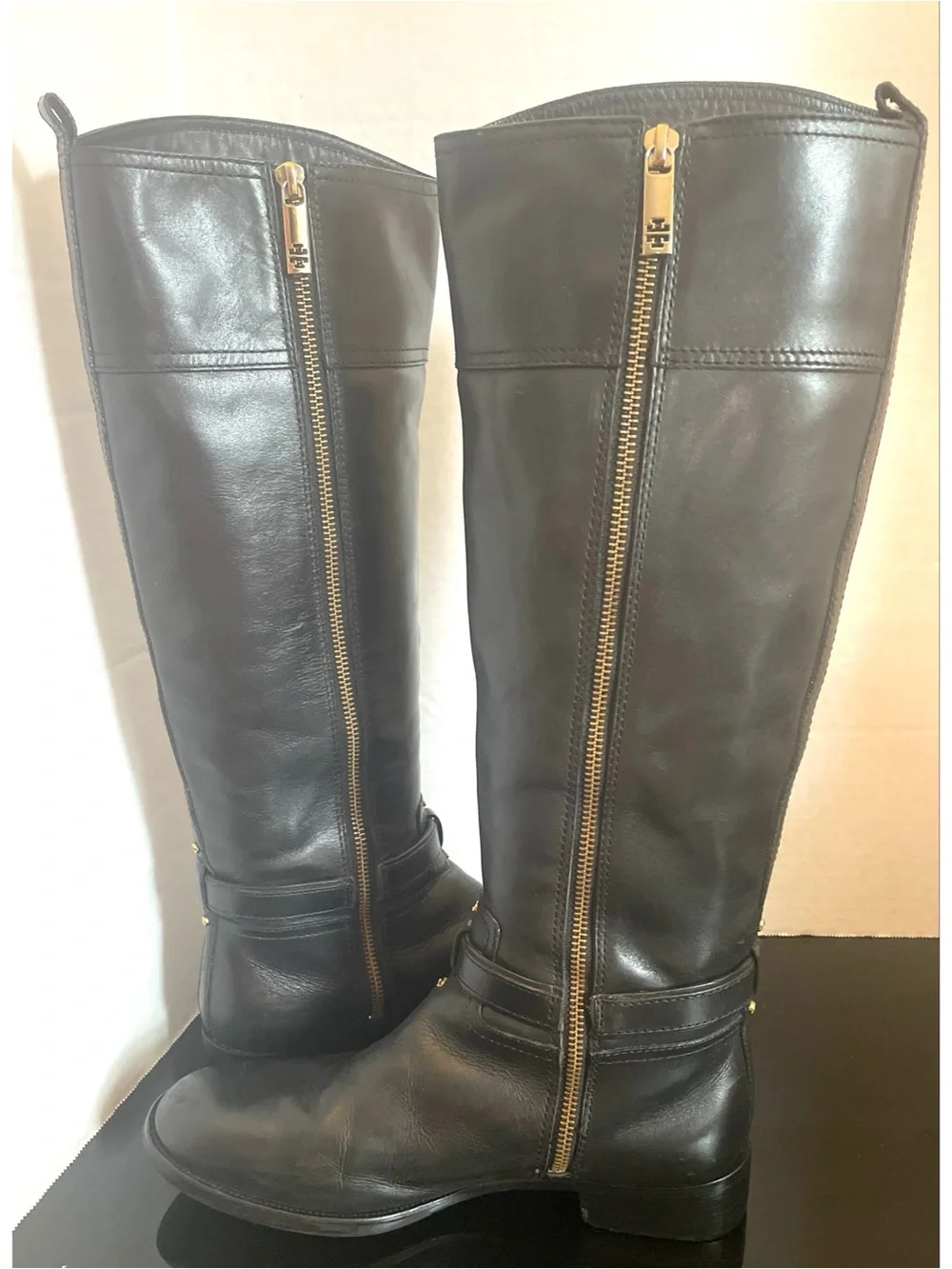 Tory Burch Black & Gold Leather Over-the-Knee Zip Riding Boots Size 9.5M